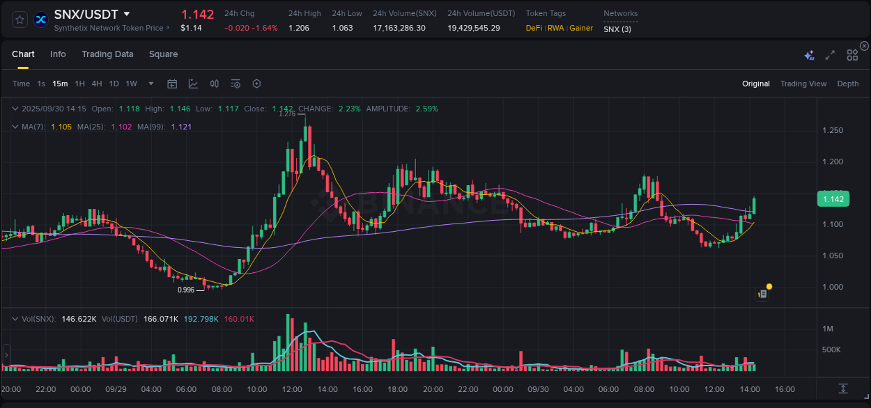 Binance pump overview for SNX, captured at 30 September 2025, 14:23