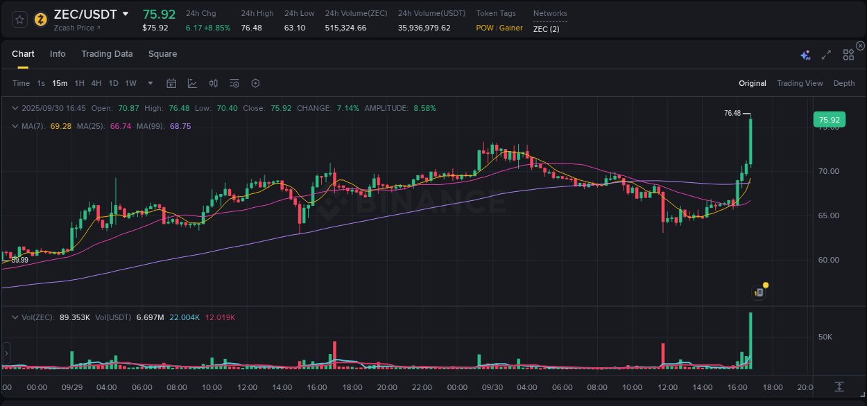 Binance pump statistics for ZEC at 30 September 2025, 16:54