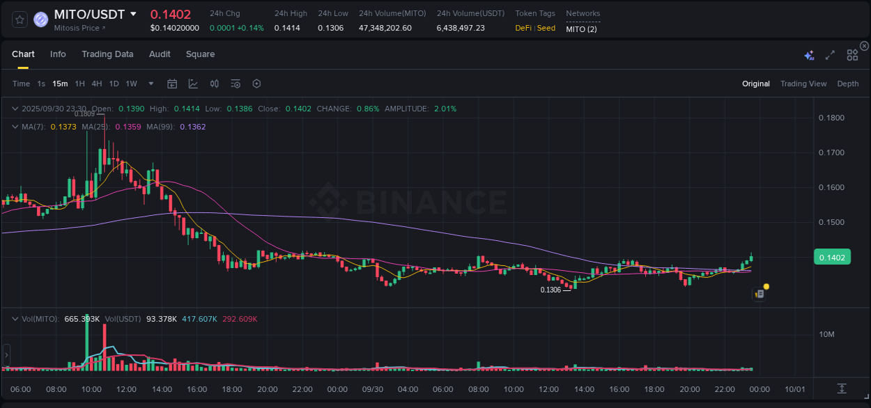 Real-time analytics of MITO pump on Binance, 30 September 2025, 23:34
