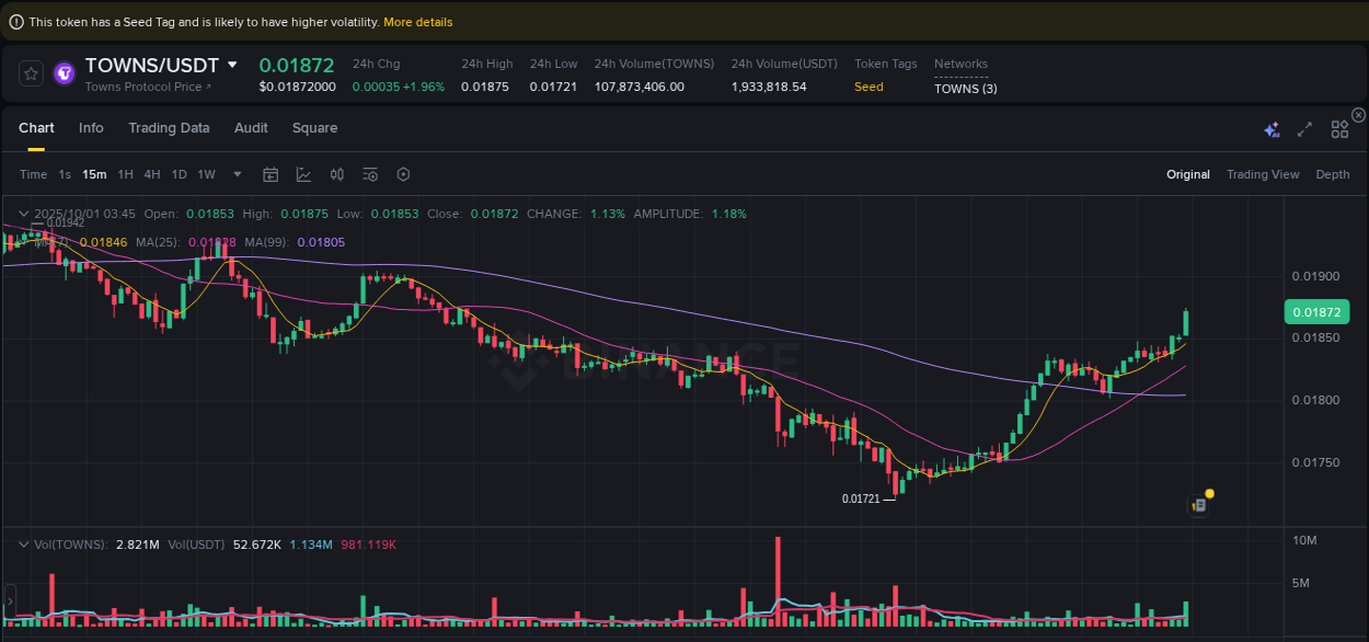 Analysis of TOWNS pump activity on Binance at 01 October 2025, 03:54