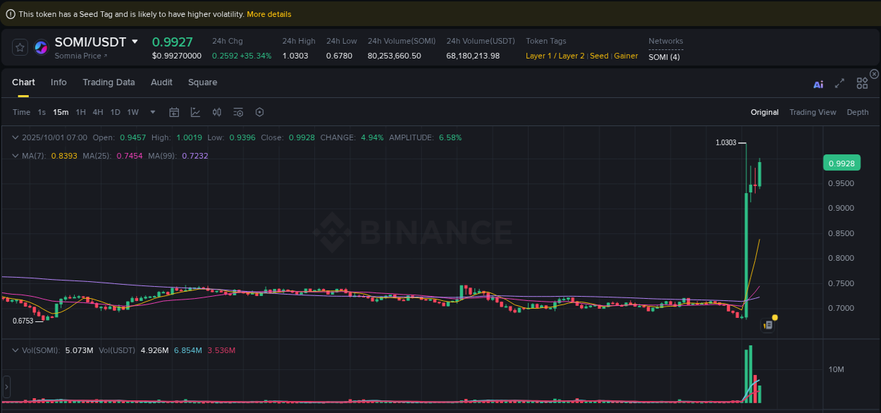 Crypto trading analysis: SOMI pump on Binance, 01 October 2025, 07:12