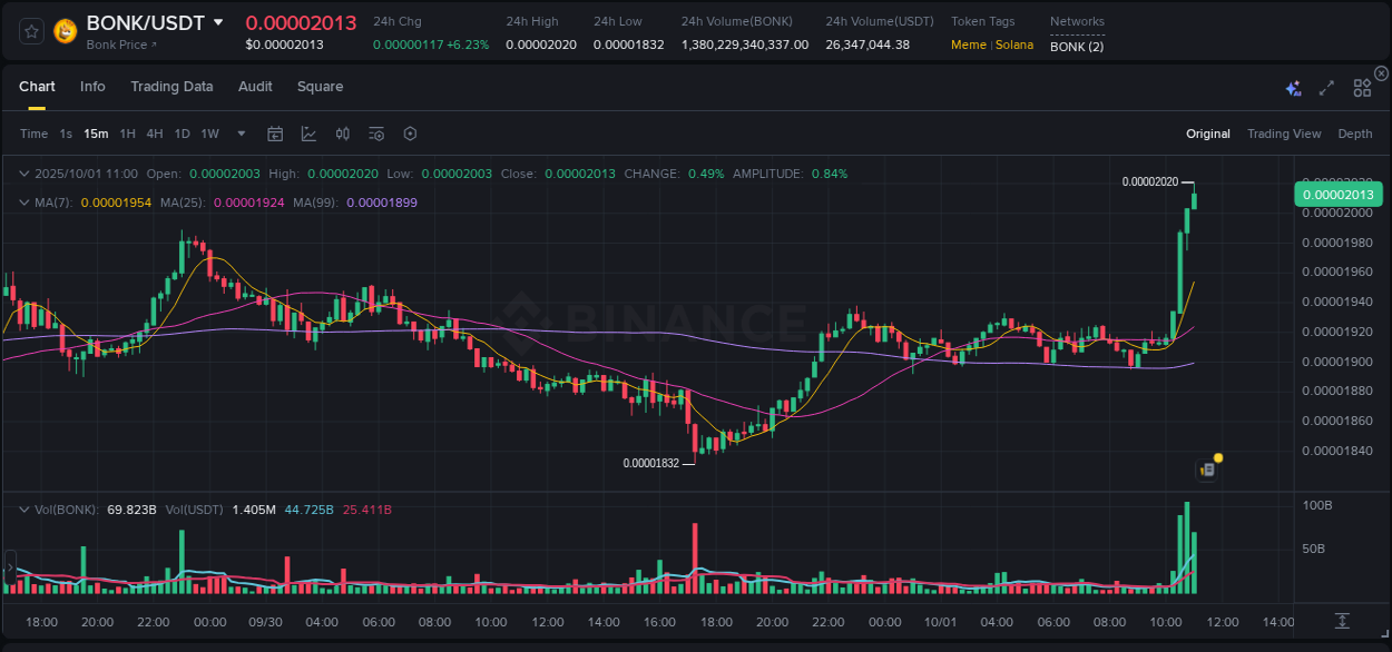 Price action study: BONK momentum shift on Binance, 01 October 2025, 11:11