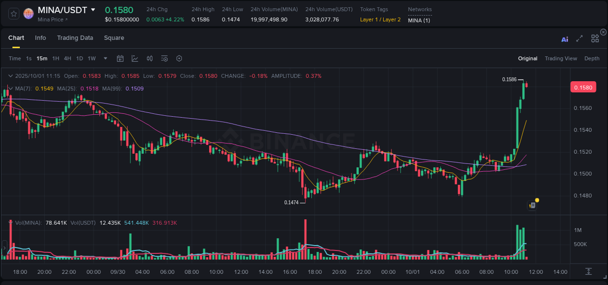 Momentum catalyst: MINA price acceleration on Binance, 01 October 2025, 11:20