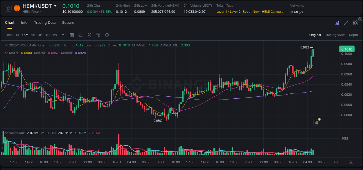Real-time report of HEMI pump on Binance, 02 October 2025, 04:57