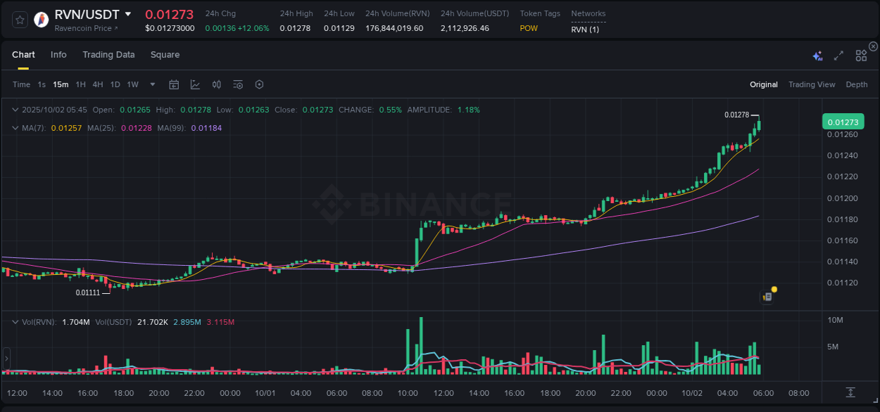 Binance pump overview for RVN, captured at 02 October 2025, 05:50