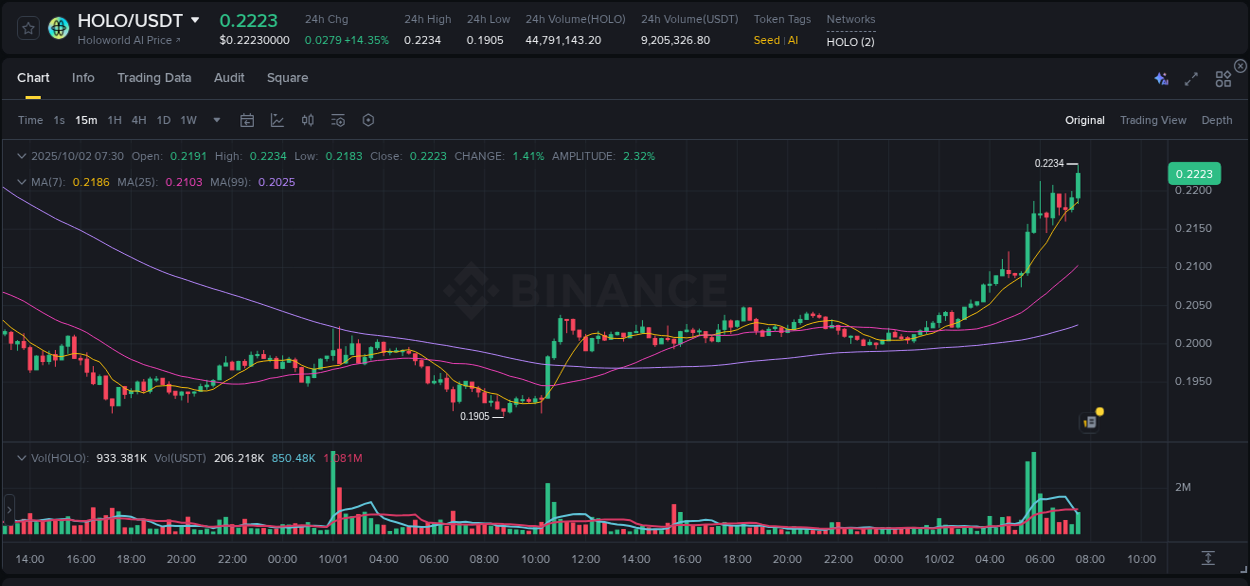 Binance pump analysis for HOLO, 02 October 2025, 07:40