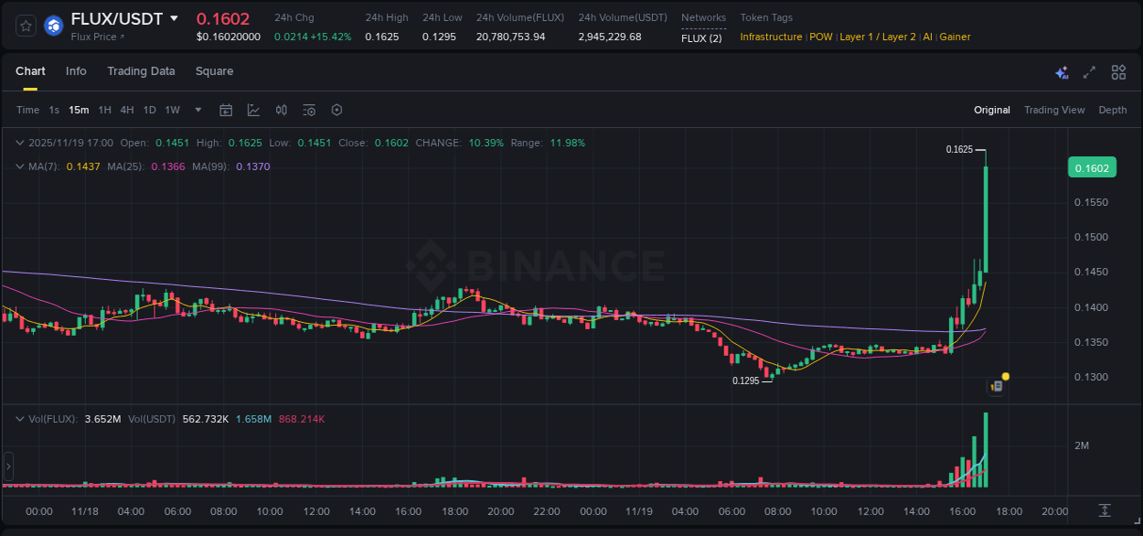 Gain insights into FLUX's pump activity on Binance, 19 November 2025, 17:01 Detailed analysis of FLUX's price surge on Binance, 19 November 2025, 17:01