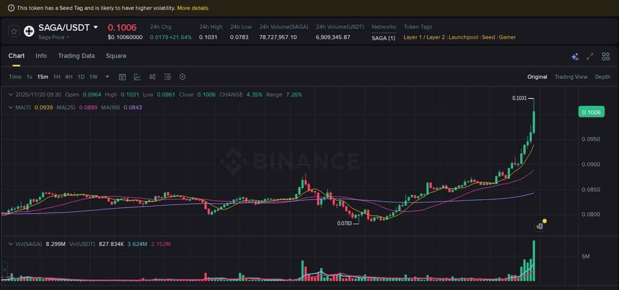 Real-time report of SAGA pump on Binance, 20 November 2025, 08:39