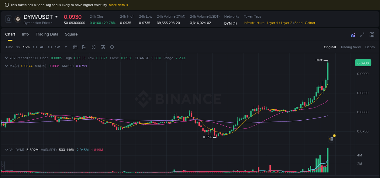 Binance pump overview for DYM, captured at 20 November 2025, 10:00