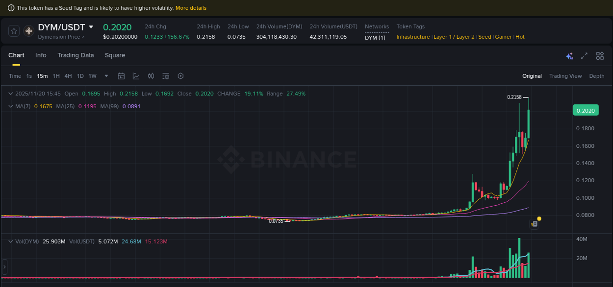 Report of DYM pump on Binance at 20 November 2025, 15:56
