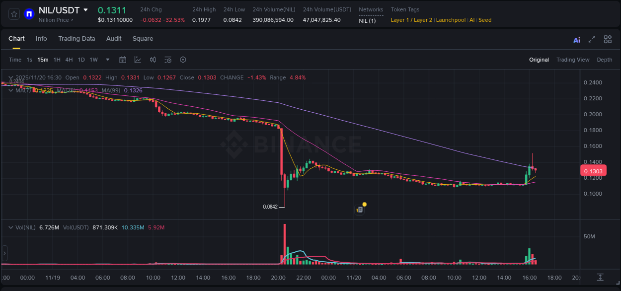 Crypto pump report: NIL on Binance, 20 November 2025, 16:16