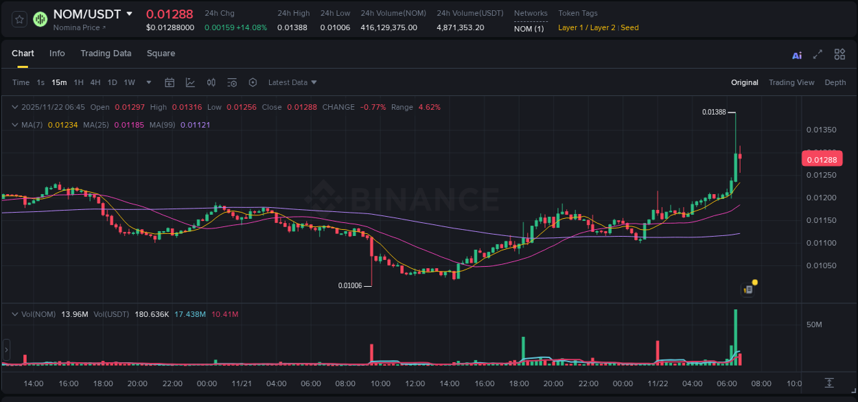 Binance pump data for NOM at 22 November 2025, 06:36 Binance pump data for NOM at 22 November 2025, 06:36