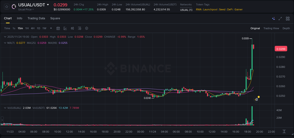 USUAL trading report showing pump trends on Binance, 24 November 2025, 18:59