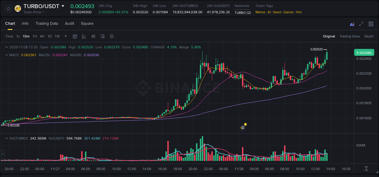Market analysis: TURBO pump on Binance at 28 November 2025, 13:38