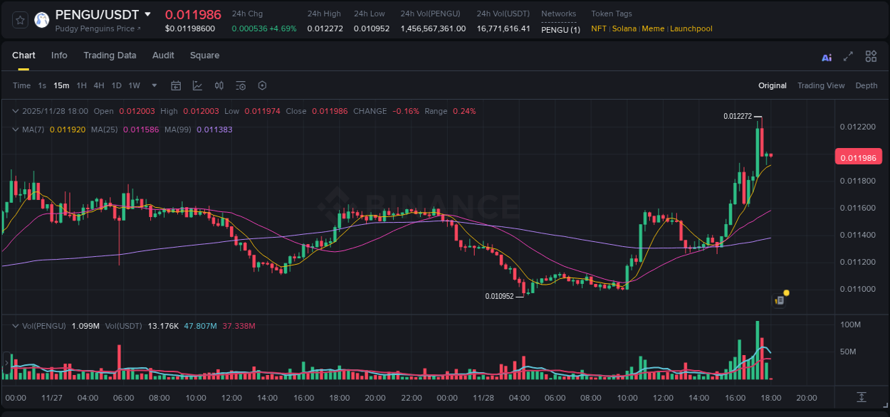 Analysis of PENGU pump activity on Binance at 28 November 2025, 17:21