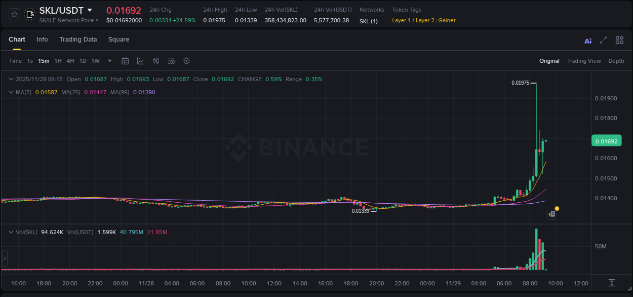 Crypto market update: SKL pump on Binance, 29 November 2025, 08:52