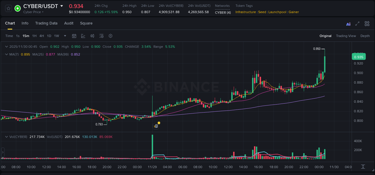 Report of CYBER pump on Binance at 30 November 2025, 00:49