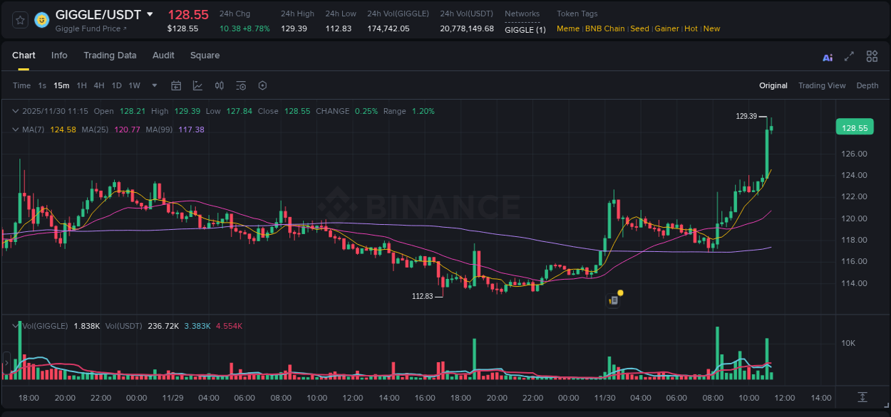 Crypto market update: GIGGLE pump on Binance, 30 November 2025, 11:16