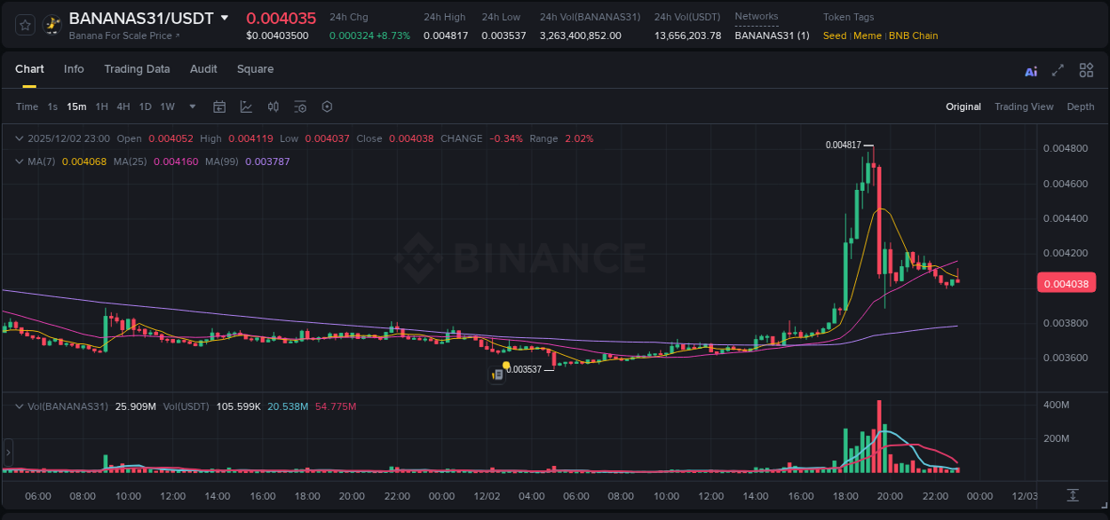 Understand market trends for WIP BANANAS31 pump on Binance at 02 December 2025, 18:44 Market trend report: BANANAS31 pump on Binance at 02 December 2025, 18:44
