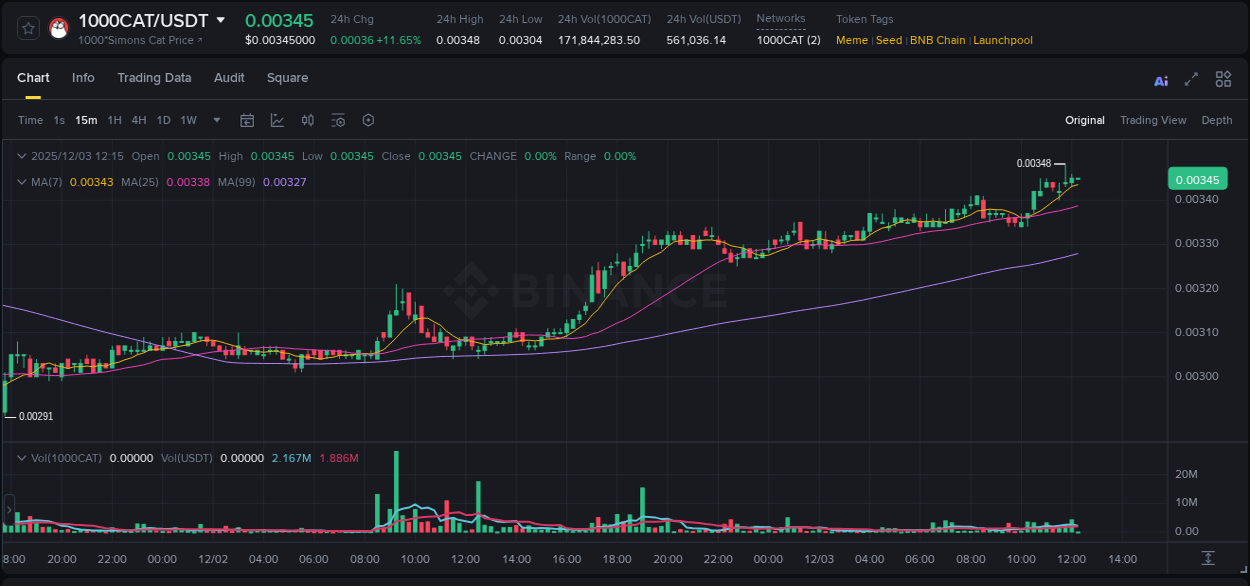 Get real-time analytics of 1000CAT pump on Binance, 03 December 2025, 11:56 Real-time analytics of 1000CAT pump on Binance, 03 December 2025, 11:56