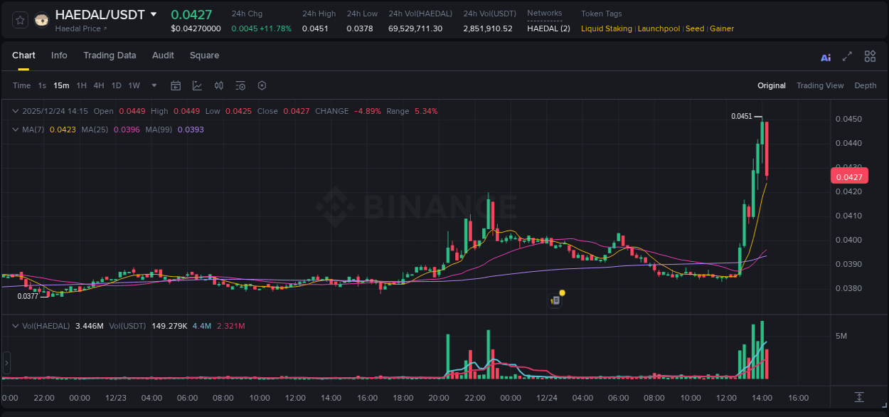 Crypto trading report: HAEDAL pump on Binance, 24 December 2025, 14:15