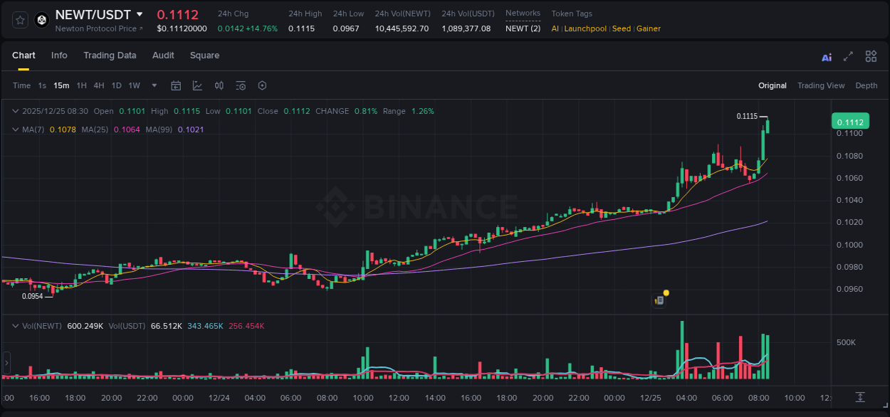 Crypto pump report: NEWT on Binance, 25 December 2025, 08:36
