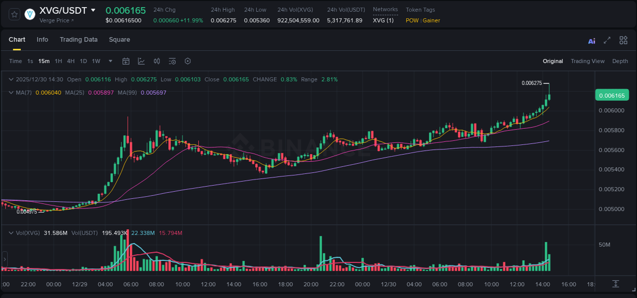 Crypto market update: XVG pump on Binance, 30 December 2025, 14:35
