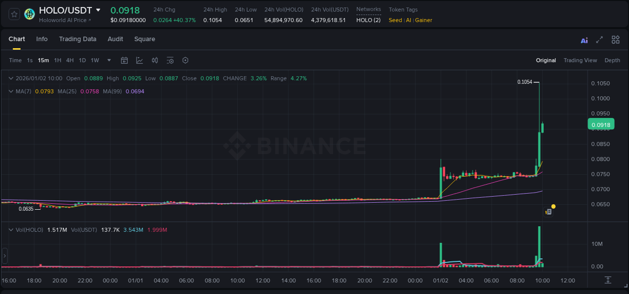 Binance pump report for HOLO on 02 January 2026, 09:51