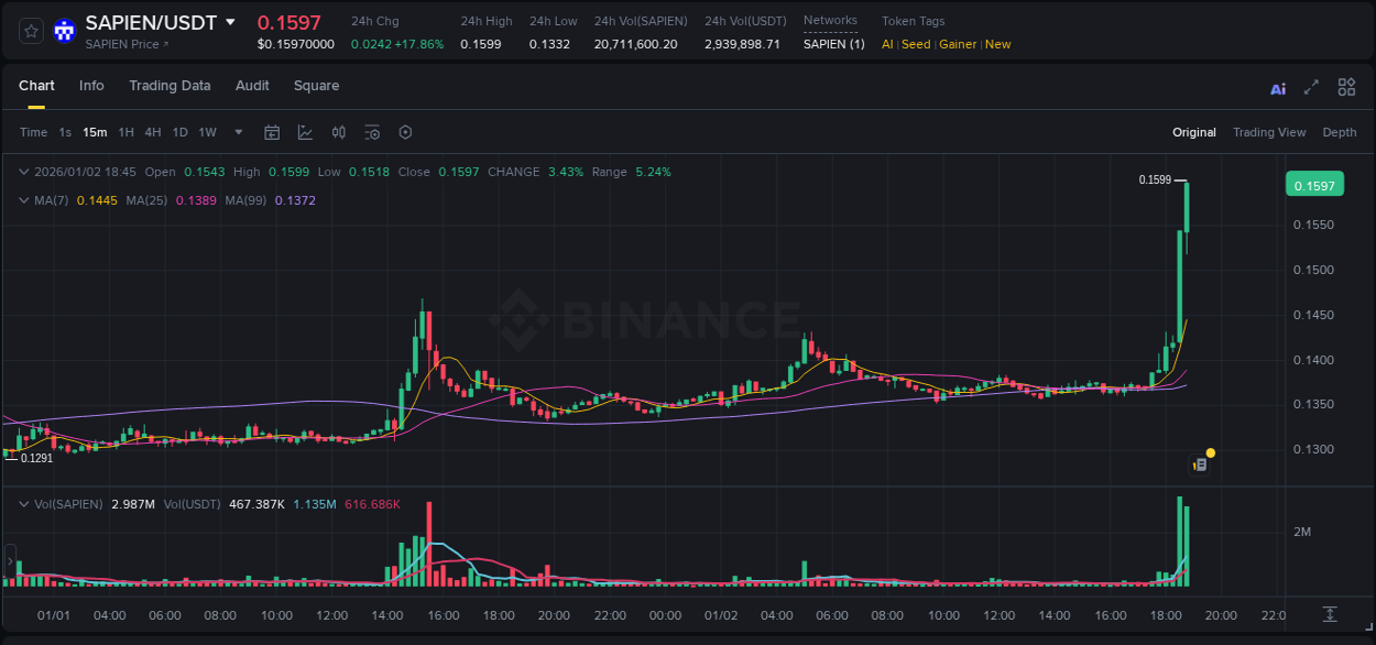 Binance trading report for SAPIEN pump, 02 January 2026, 18:48