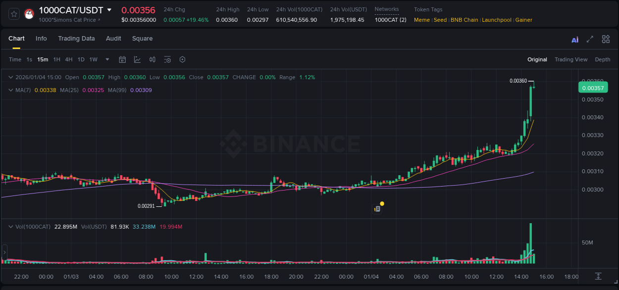 Binance trading report for 1000CAT pump, 04 January 2026, 14:59