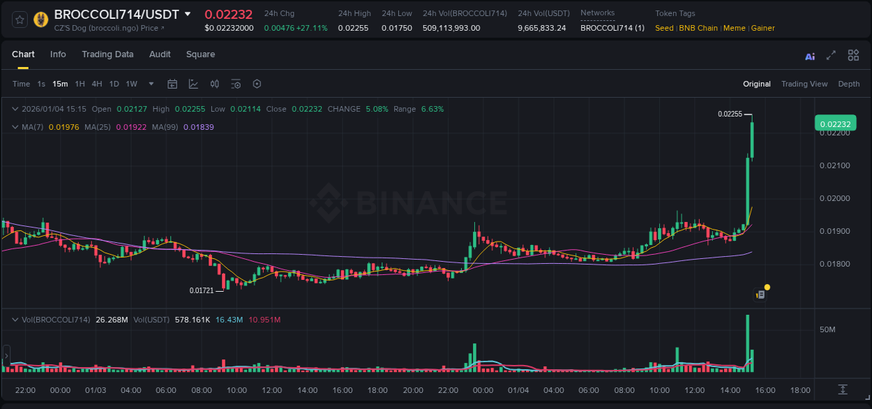 Market analysis: BROCCOLI714 pump on Binance at 04 January 2026, 15:15