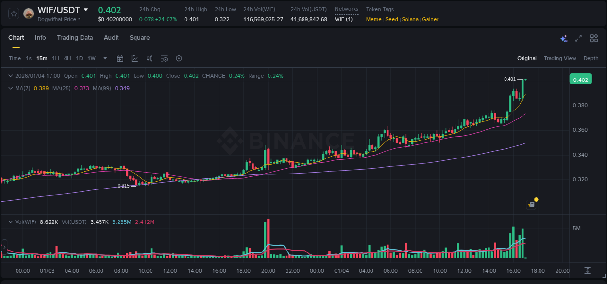Binance pump data for WIF at 04 January 2026, 16:58