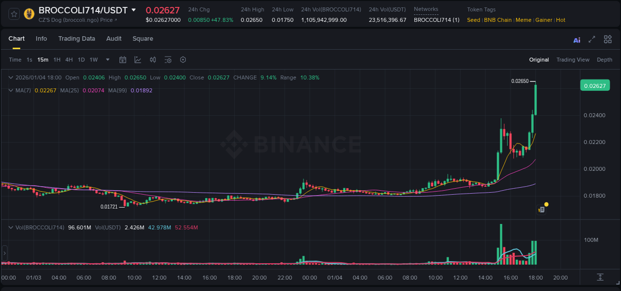 Crypto trading report: BROCCOLI714 pump on Binance, 04 January 2026, 18:09