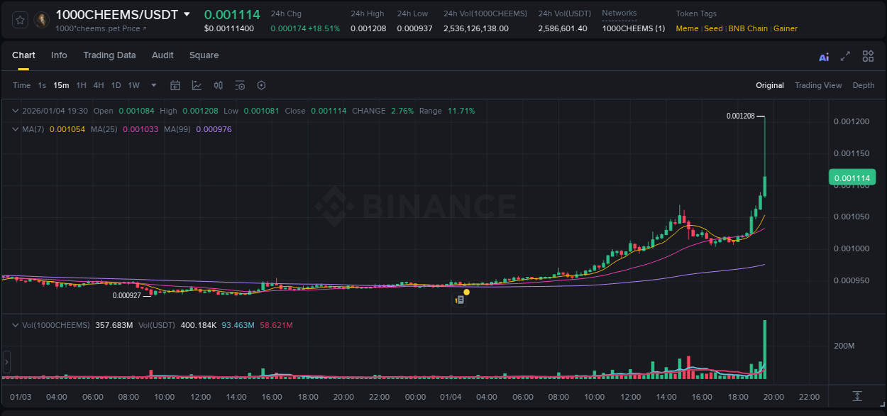Analysis of 1000CHEEMS pump activity on Binance at 04 January 2026, 19:37