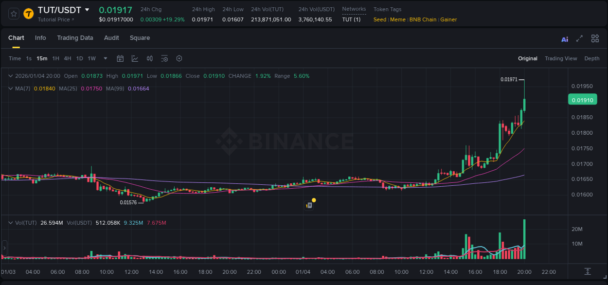 Binance pump overview for TUT, captured at 04 January 2026, 20:06