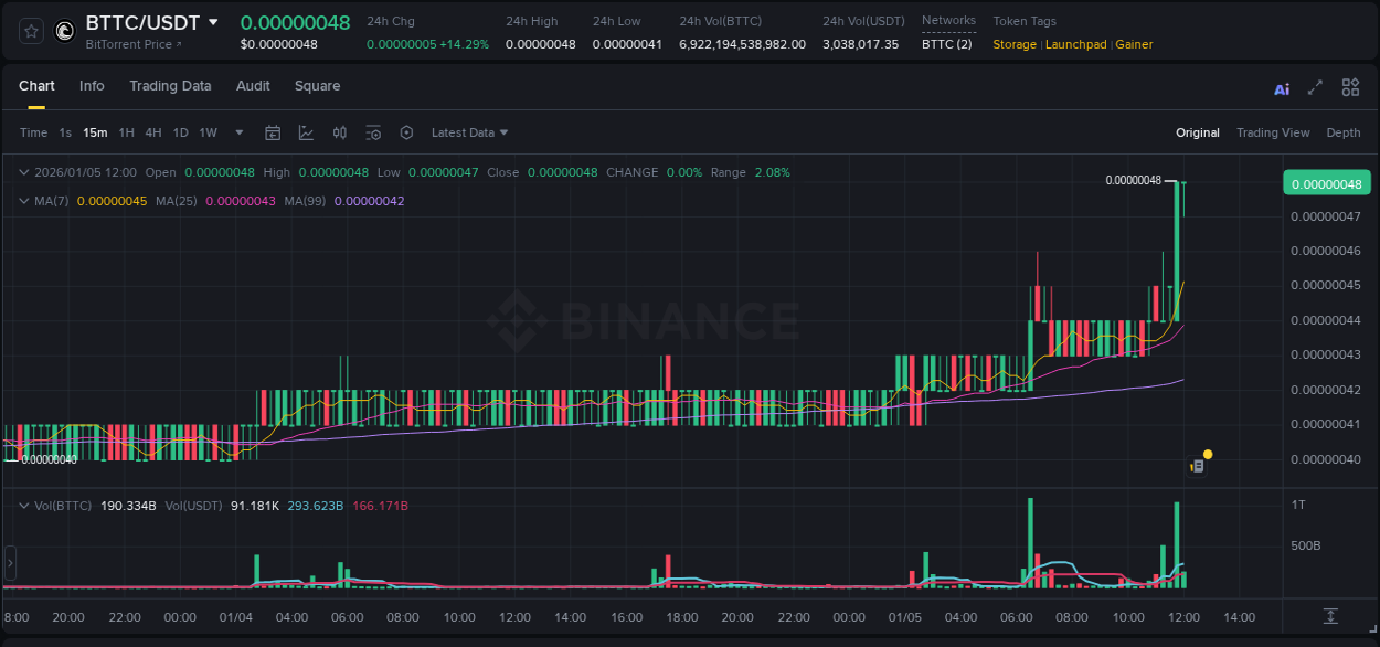 Binance pump data for BTTC at 05 January 2026, 12:00