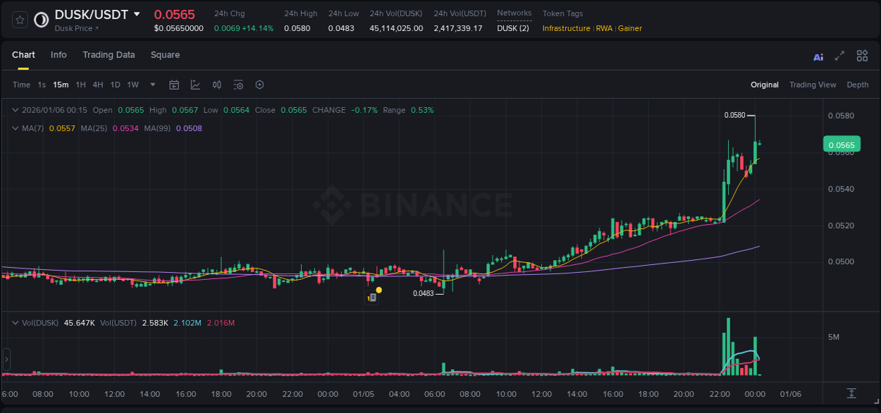 Binance pump statistics for DUSK at 06 January 2026, 00:07