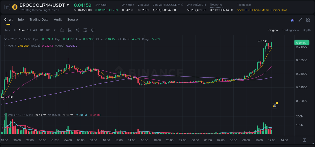 Crypto market report: BROCCOLI714 pump on Binance, 06 January 2026, 12:08