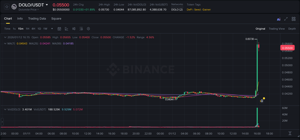 Detailed insights into DOLO's pump on Binance at 12 January 2026, 16:04 Detailed report of DOLO's pump on Binance at 12 January 2026, 16:04