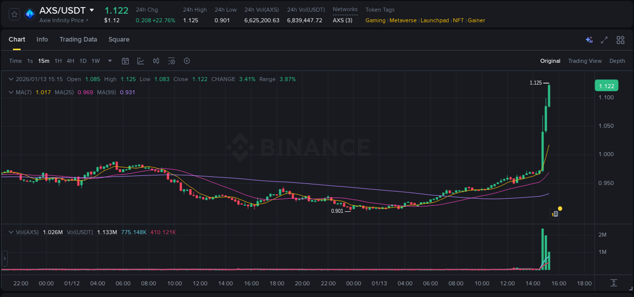 Binance pump overview for AXS, captured at 13 January 2026, 15:21