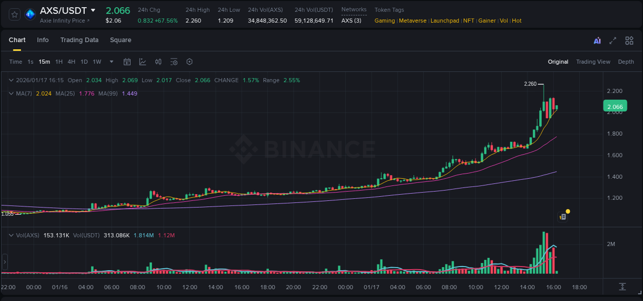 Crypto market report: AXS pump on Binance, 17 January 2026, 15:10
