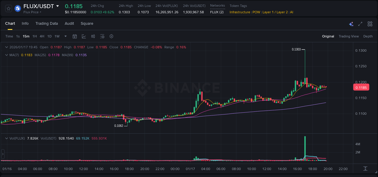 FLUX price movement analysis on Binance, 17 January 2026, 17:01