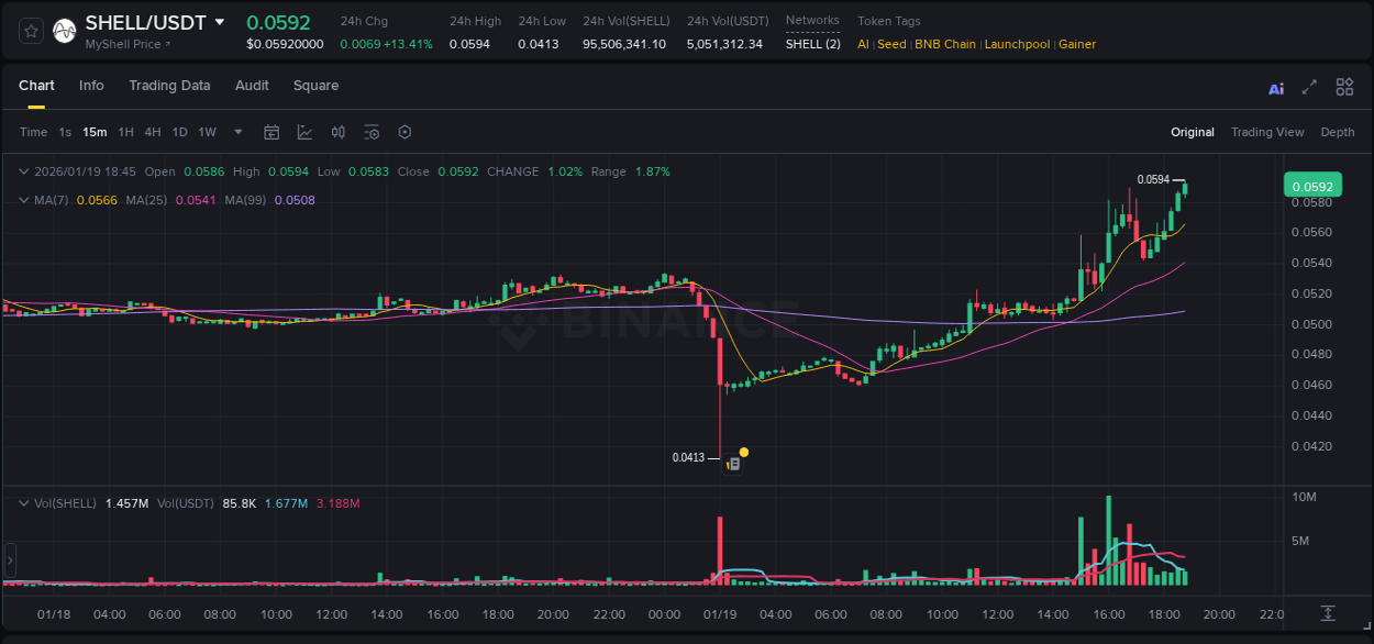 Crypto market report: SHELL pump on Binance, 19 January 2026, 18:51