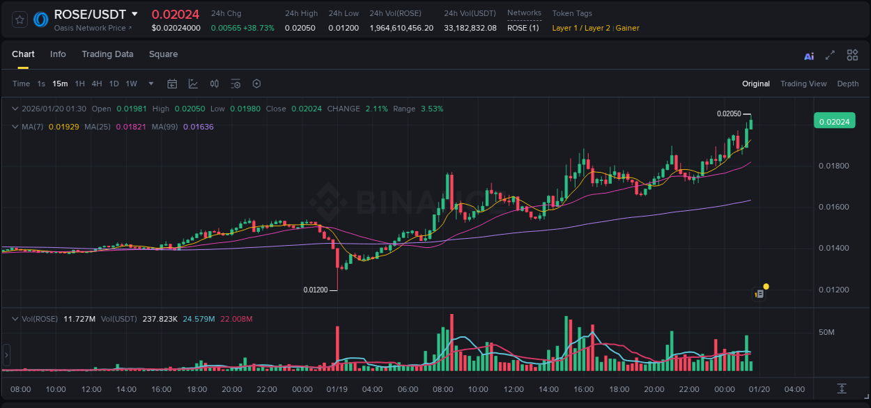 ROSE price surge report from Binance, timestamp: 20 January 2026, 01:31