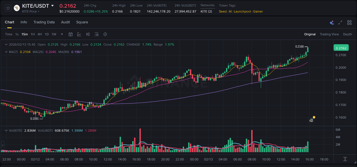 Crypto pump analytics for KITE on Binance, 13 February 2026, 15:50 Crypto pump analytics for KITE on Binance, 13 February 2026, 15:50