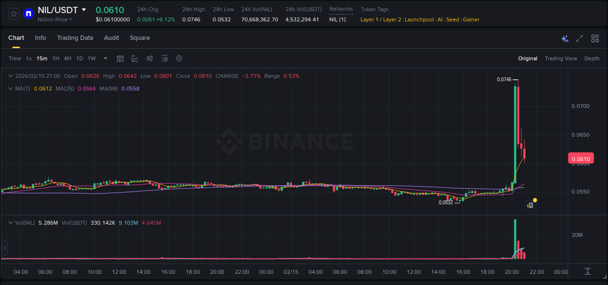 View the trading report for NIL pump on Binance, 15 February 2026, 20:25 Binance trading data for NIL pump, 15 February 2026, 20:25