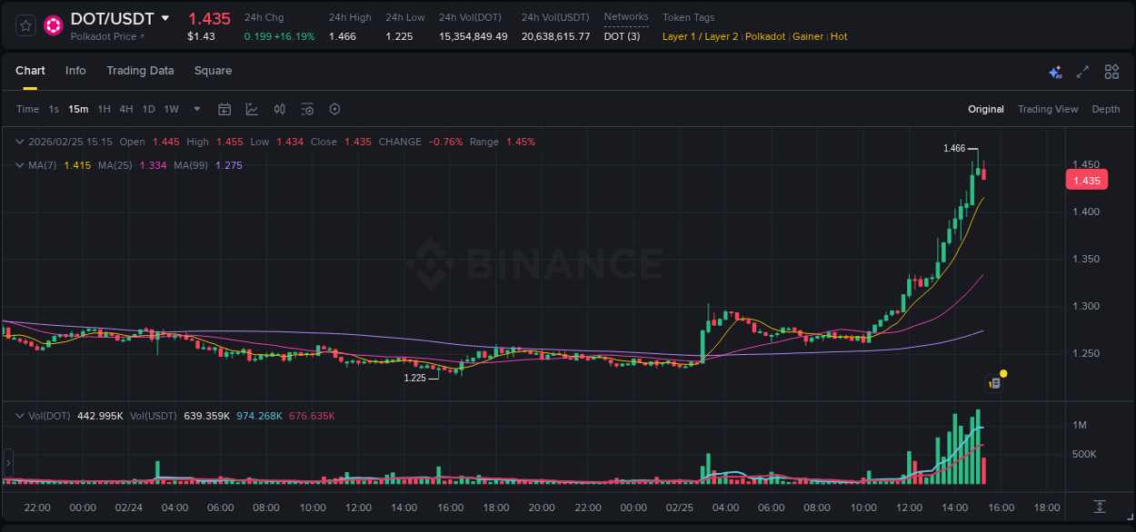 Real-time report of DOT pump on Binance, 25 February 2026, 15:07 Real-time report of DOT pump on Binance, 25 February 2026, 15:07