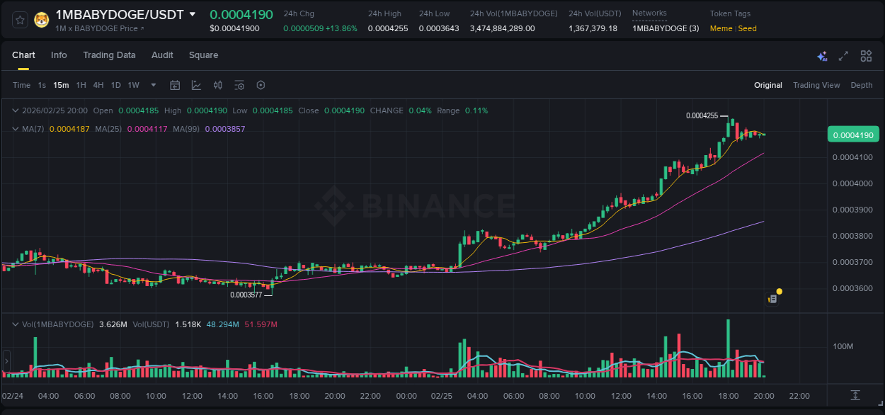 Explore the crypto pump report for 1MBABYDOGE on Binance, 25 February 2026, 18:06 Crypto market report: 1MBABYDOGE pump on Binance, 25 February 2026, 18:06