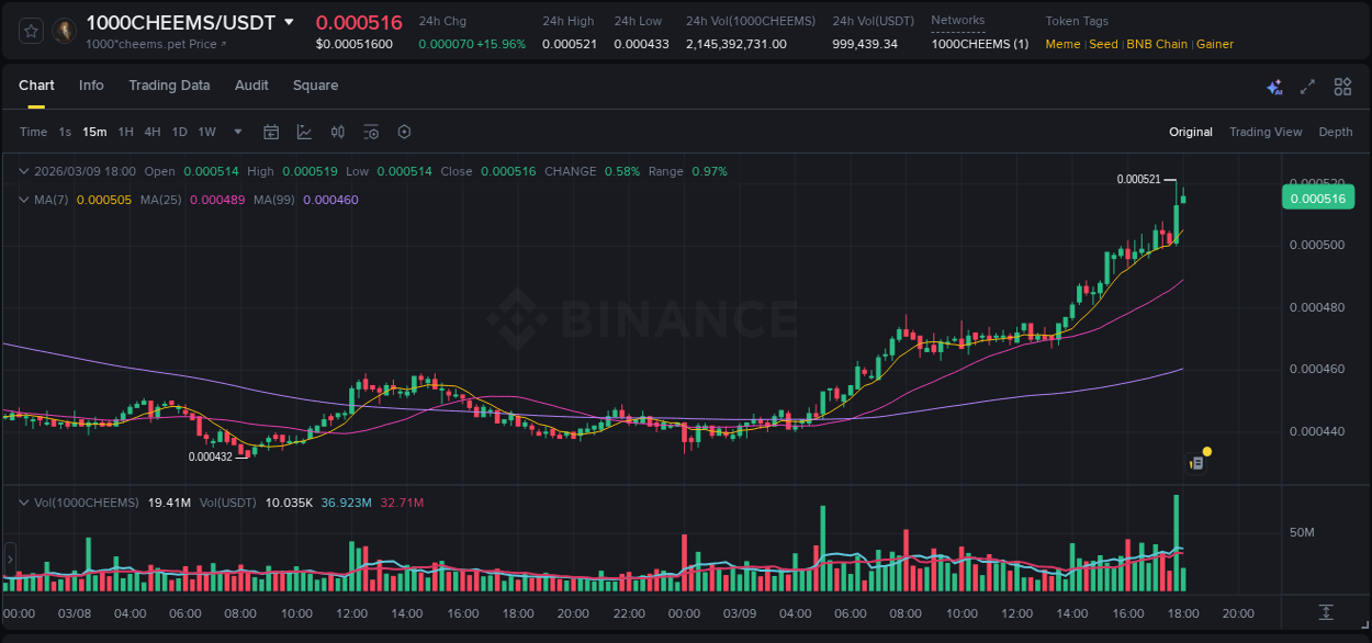 Analysis of 1000CHEEMS pump activity on Binance at 09 March 2026, 17:58