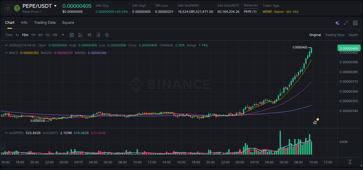 Binance pump data for PEPE at 16 March 2026, 09:56